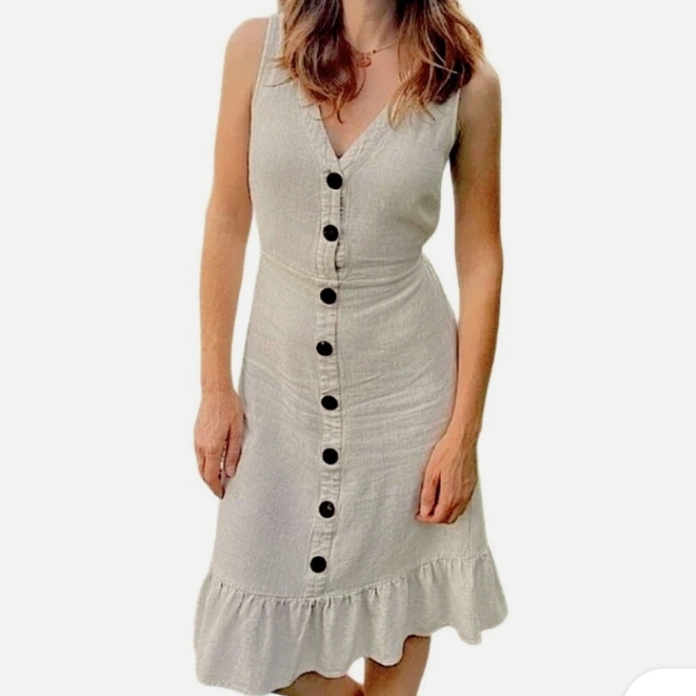 Monteau Oatmeal Beige Sleeveless Linen Blend Ruffle Hem Dress